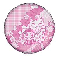 Pink Palaka Hawaiian And Japanese Spare Tire Cover Maneki Neko And Sakura Bloom