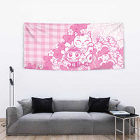 Pink Palaka Hawaiian And Japanese Tapestry Maneki Neko And Sakura Bloom