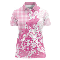 Pink Palaka Hawaiian And Japanese Women Polo Shirt Maneki Neko And Sakura Bloom DT05 Female Pink - Polynesian Pride