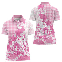Pink Palaka Hawaiian And Japanese Women Polo Shirt Maneki Neko And Sakura Bloom DT05 - Polynesian Pride