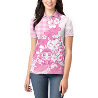Pink Palaka Hawaiian And Japanese Women Polo Shirt Maneki Neko And Sakura Bloom DT05 - Polynesian Pride