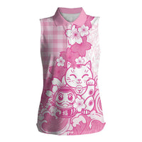 Pink Palaka Hawaiian And Japanese Women Sleeveless Polo Shirt Maneki Neko And Sakura Bloom DT05 Female Pink - Polynesian Pride