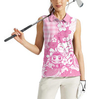 Pink Palaka Hawaiian And Japanese Women Sleeveless Polo Shirt Maneki Neko And Sakura Bloom DT05 - Polynesian Pride