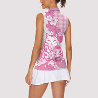 Pink Palaka Hawaiian And Japanese Women Sleeveless Polo Shirt Maneki Neko And Sakura Bloom DT05 - Polynesian Pride