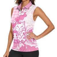 Pink Palaka Hawaiian And Japanese Women Sleeveless Polo Shirt Maneki Neko And Sakura Bloom DT05 - Polynesian Pride