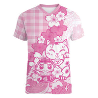 Pink Palaka Hawaiian And Japanese Women V-Neck T-Shirt Maneki Neko And Sakura Bloom DT05 Female Pink - Polynesian Pride