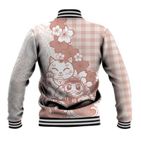 Beige Palaka Hawaiian And Japanese Baseball Jacket Maneki Neko And Sakura Bloom