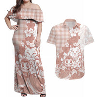 Beige Palaka Hawaiian And Japanese Couples Matching Off Shoulder Maxi Dress and Hawaiian Shirt Maneki Neko And Sakura Bloom DT05 Beige - Polynesian Pride