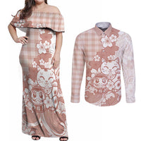 Beige Palaka Hawaiian And Japanese Couples Matching Off Shoulder Maxi Dress and Long Sleeve Button Shirt Maneki Neko And Sakura Bloom DT05 Beige - Polynesian Pride