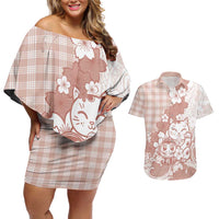 Beige Palaka Hawaiian And Japanese Couples Matching Off Shoulder Short Dress and Hawaiian Shirt Maneki Neko And Sakura Bloom DT05 Beige - Polynesian Pride