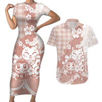 Beige Palaka Hawaiian And Japanese Couples Matching Short Sleeve Bodycon Dress and Hawaiian Shirt Maneki Neko And Sakura Bloom DT05 Beige - Polynesian Pride