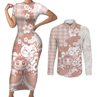 Beige Palaka Hawaiian And Japanese Couples Matching Short Sleeve Bodycon Dress and Long Sleeve Button Shirt Maneki Neko And Sakura Bloom DT05 Beige - Polynesian Pride