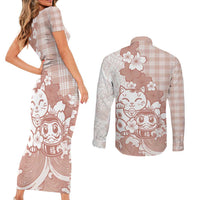 Beige Palaka Hawaiian And Japanese Couples Matching Short Sleeve Bodycon Dress and Long Sleeve Button Shirt Maneki Neko And Sakura Bloom DT05 - Polynesian Pride