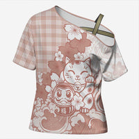 Beige Palaka Hawaiian And Japanese Cross Shoulder Shirt Maneki Neko And Sakura Bloom