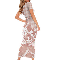 Beige Palaka Hawaiian And Japanese Family Matching Short Sleeve Bodycon Dress and Hawaiian Shirt Maneki Neko And Sakura Bloom DT05 - Polynesian Pride