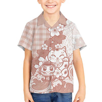 Beige Palaka Hawaiian And Japanese Family Matching Short Sleeve Bodycon Dress and Hawaiian Shirt Maneki Neko And Sakura Bloom DT05 Son's Shirt Beige - Polynesian Pride