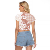 Beige Palaka Hawaiian And Japanese Raglan Cropped T Shirt Maneki Neko And Sakura Bloom