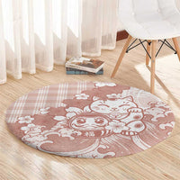Beige Palaka Hawaiian And Japanese Round Carpet Maneki Neko And Sakura Bloom