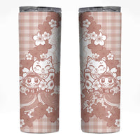 Beige Palaka Hawaiian And Japanese Skinny Tumbler Maneki Neko And Sakura Bloom DT05 Beige - Polynesian Pride