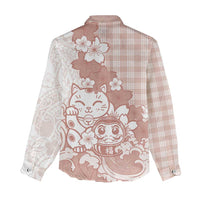 Beige Palaka Hawaiian And Japanese Women Casual Shirt Maneki Neko And Sakura Bloom DT05 - Polynesian Pride