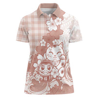 Beige Palaka Hawaiian And Japanese Women Polo Shirt Maneki Neko And Sakura Bloom DT05 Female Beige - Polynesian Pride