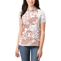 Beige Palaka Hawaiian And Japanese Women Polo Shirt Maneki Neko And Sakura Bloom DT05 - Polynesian Pride