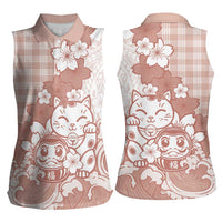 Beige Palaka Hawaiian And Japanese Women Sleeveless Polo Shirt Maneki Neko And Sakura Bloom DT05 - Polynesian Pride