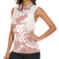 Beige Palaka Hawaiian And Japanese Women Sleeveless Polo Shirt Maneki Neko And Sakura Bloom DT05 - Polynesian Pride