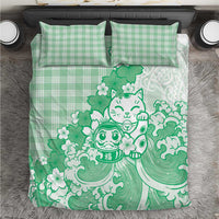 Green Palaka Hawaiian And Japanese Bedding Set Maneki Neko And Sakura Bloom