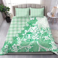 Green Palaka Hawaiian And Japanese Bedding Set Maneki Neko And Sakura Bloom