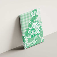 Green Palaka Hawaiian And Japanese Canvas Wall Art Maneki Neko And Sakura Bloom