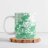 Green Palaka Hawaiian And Japanese Ceramic Mug Maneki Neko And Sakura Bloom
