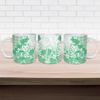 Green Palaka Hawaiian And Japanese Ceramic Mug Maneki Neko And Sakura Bloom