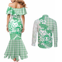 Green Palaka Hawaiian And Japanese Couples Matching Mermaid Dress and Long Sleeve Button Shirt Maneki Neko And Sakura Bloom DT05 - Polynesian Pride