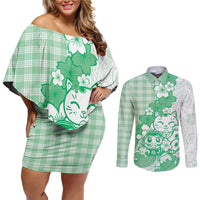 Green Palaka Hawaiian And Japanese Couples Matching Off Shoulder Short Dress and Long Sleeve Button Shirt Maneki Neko And Sakura Bloom DT05 Green - Polynesian Pride