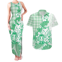 Green Palaka Hawaiian And Japanese Couples Matching Tank Maxi Dress and Hawaiian Shirt Maneki Neko And Sakura Bloom DT05 Green - Polynesian Pride
