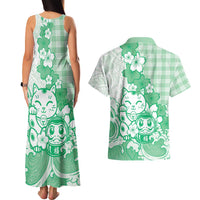 Green Palaka Hawaiian And Japanese Couples Matching Tank Maxi Dress and Hawaiian Shirt Maneki Neko And Sakura Bloom DT05 - Polynesian Pride