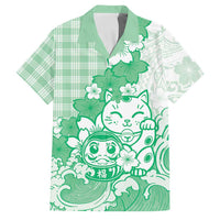 Green Palaka Hawaiian And Japanese Family Matching Off Shoulder Maxi Dress and Hawaiian Shirt Maneki Neko And Sakura Bloom DT05 Dad's Shirt - Short Sleeve Green - Polynesian Pride