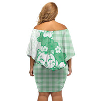 Green Palaka Hawaiian And Japanese Family Matching Off Shoulder Short Dress and Hawaiian Shirt Maneki Neko And Sakura Bloom DT05 - Polynesian Pride