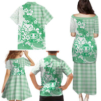 Green Palaka Hawaiian And Japanese Family Matching Puletasi and Hawaiian Shirt Maneki Neko And Sakura Bloom DT05 - Polynesian Pride