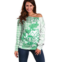 Green Palaka Hawaiian And Japanese Off Shoulder Sweater Maneki Neko And Sakura Bloom