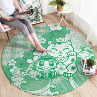 Green Palaka Hawaiian And Japanese Round Carpet Maneki Neko And Sakura Bloom
