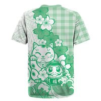 Green Palaka Hawaiian And Japanese Rugby Jersey Maneki Neko And Sakura Bloom