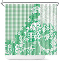 Green Palaka Hawaiian And Japanese Shower Curtain Maneki Neko And Sakura Bloom