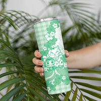 Green Palaka Hawaiian And Japanese Skinny Tumbler Maneki Neko And Sakura Bloom DT05 - Polynesian Pride
