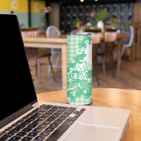 Green Palaka Hawaiian And Japanese Skinny Tumbler Maneki Neko And Sakura Bloom DT05 - Polynesian Pride