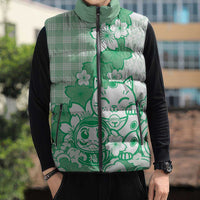 Green Palaka Hawaiian And Japanese Sleeveless Puffer Jacket Maneki Neko And Sakura Bloom