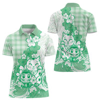 Green Palaka Hawaiian And Japanese Women Polo Shirt Maneki Neko And Sakura Bloom DT05 - Polynesian Pride
