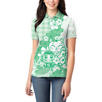 Green Palaka Hawaiian And Japanese Women Polo Shirt Maneki Neko And Sakura Bloom DT05 - Polynesian Pride