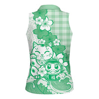 Green Palaka Hawaiian And Japanese Women Sleeveless Polo Shirt Maneki Neko And Sakura Bloom DT05 - Polynesian Pride